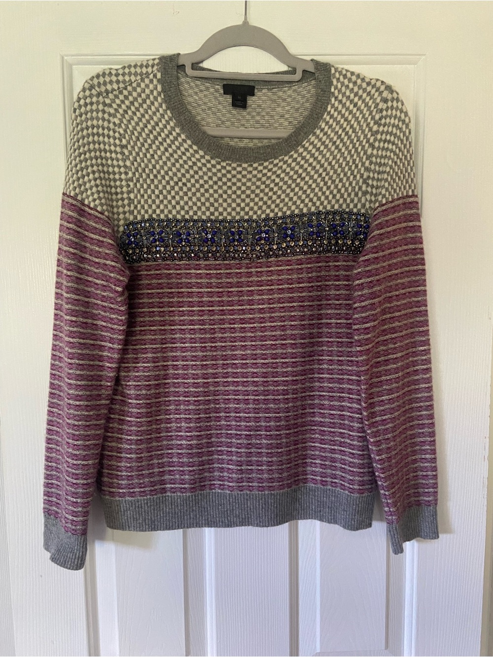 J. Crew Women's Gray and Purple Striped Knit Sweater with Beaded Detail